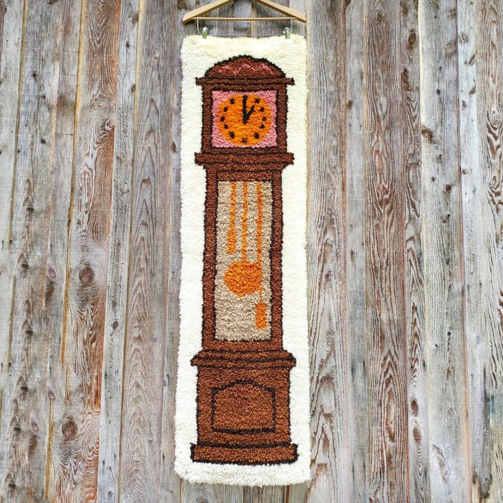 MCM Tapestry Wall Shag Rug Vtg Grandfather Clock